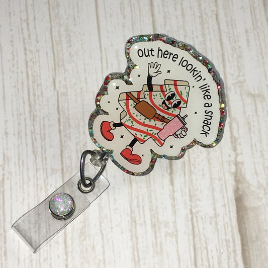 christmas badge reel looking like a snack